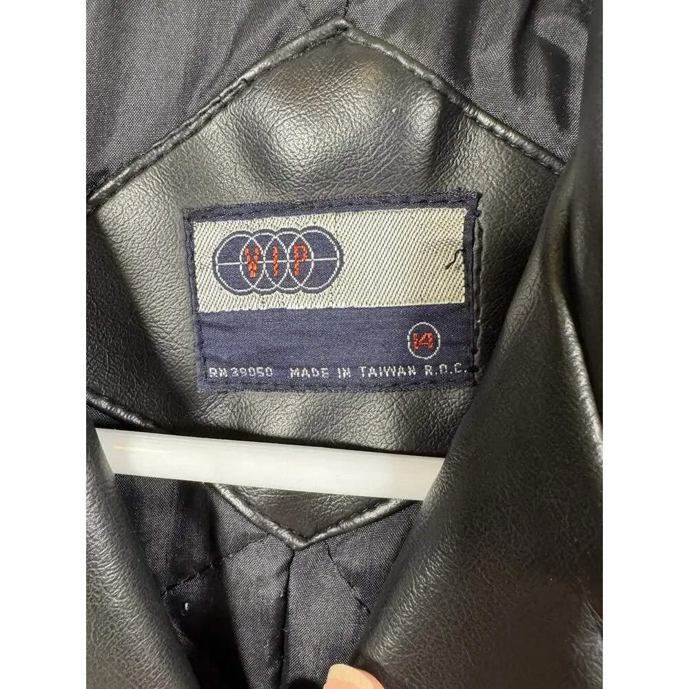 Vintage VIP Collection Kids Black Vinyl Moto Biker Jacket Size 14
